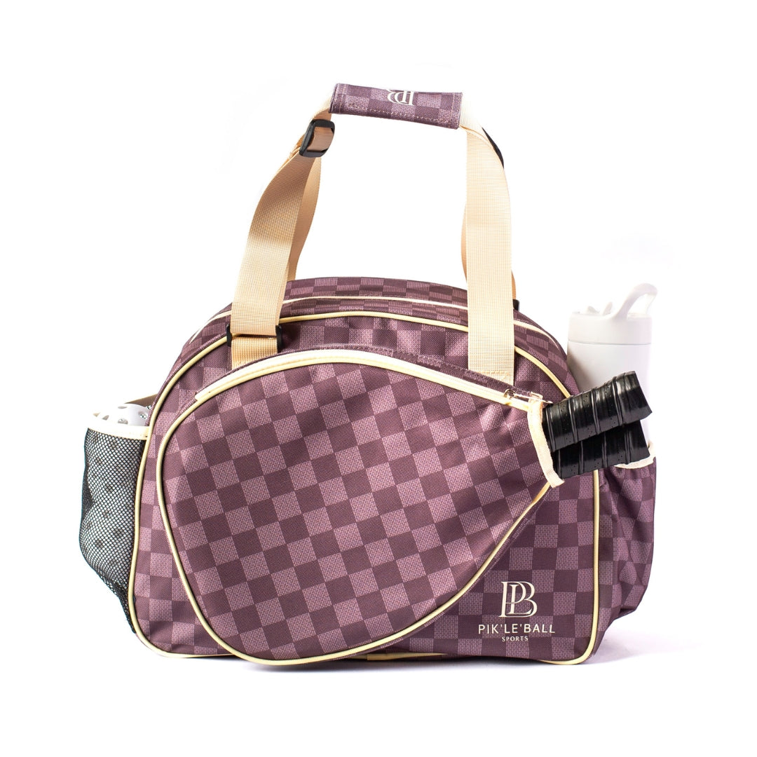 Fashionable women's pickleball bag with stylish brown checkered design.