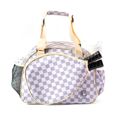 Fashionable women's pickleball bag with stylish tan checkered design.